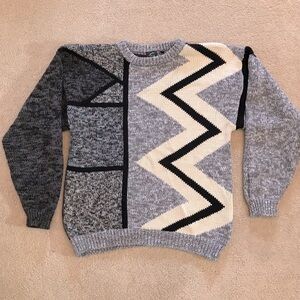 Vintage 90s Mens Chunky Crewneck Sweater Size Large Grey Cream Eclectic
